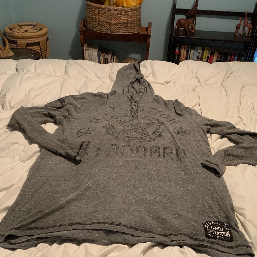 AFFLICTION MENS GRAY HOODED LS SHIRT SIZE LARGE